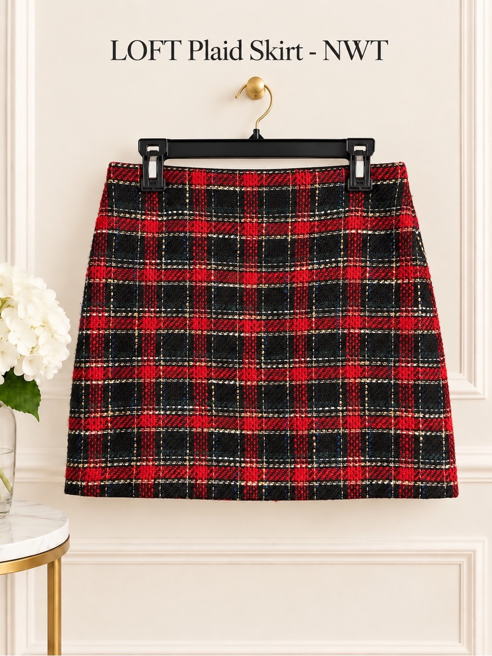 LOFT Red, Black & Cream Plaid Mini Skirt